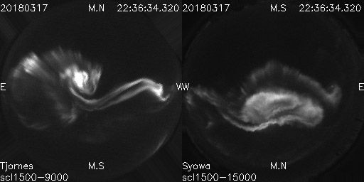 高速カメラにて同時撮影された、アイスランドのチョルネス(Tjornes)（左）と昭和基地（右）で観測されたオーロラ