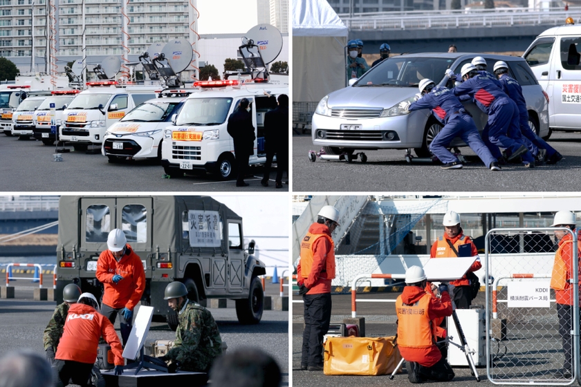 2025年「災害対策訓練」の模様。KDDIの車載型基地局（左上）、災害時に乗り捨てられた車を移動する国土交通省の道路啓開訓練（右上）、KDDIと自衛隊によるStarlink設置の協働訓練（左下）、Starlinkの活用による携帯電話基地局の復旧訓練（右下）