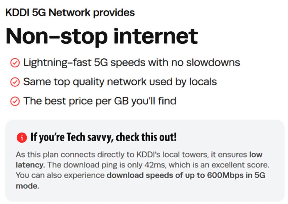 オーストラリアの販売サイトより。「auトラベルSIM」が、日本のお客さまが利用しているのと同じ高品質ネットワークに接続し、低遅延で速いことを訴求している