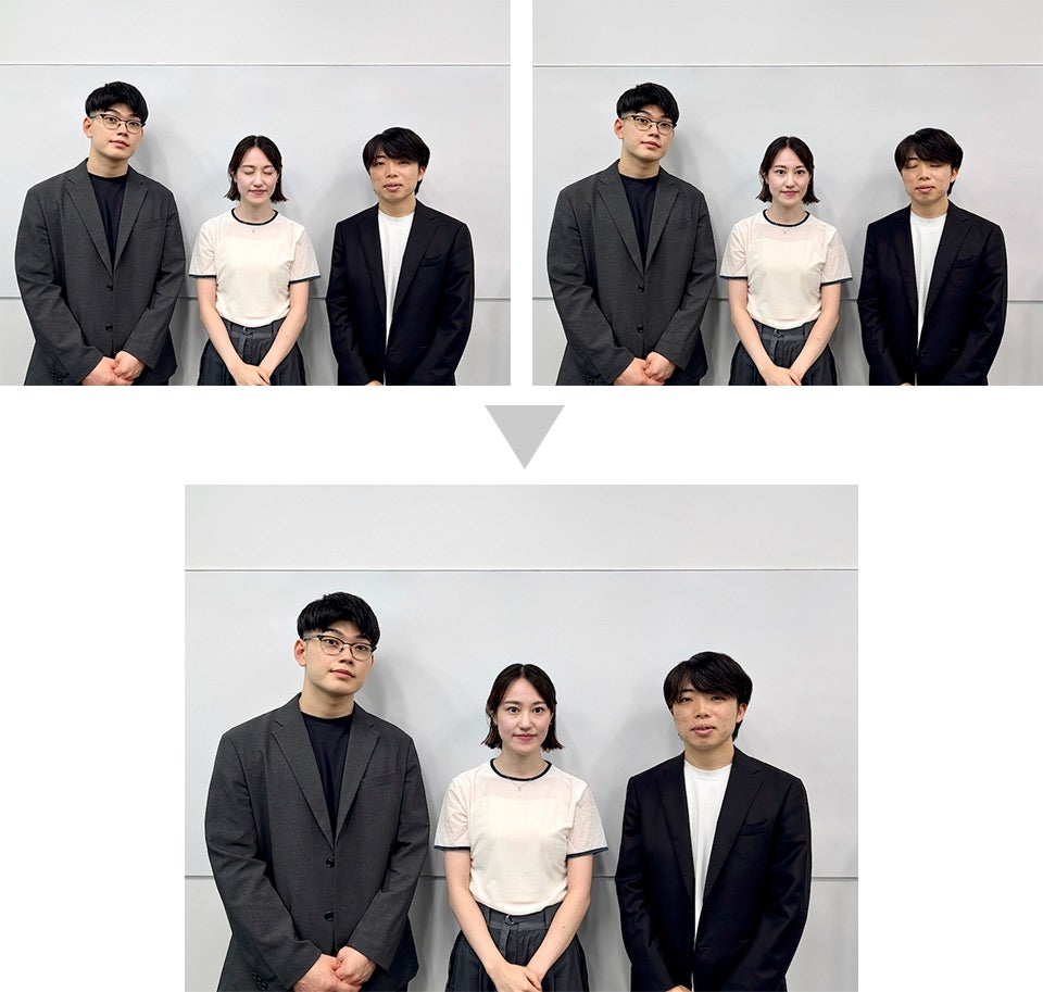 上の2枚では誰かが目を閉じてしまっているが、目を開いている写真を自動的に組み合わせて下の写真を合成してくれる