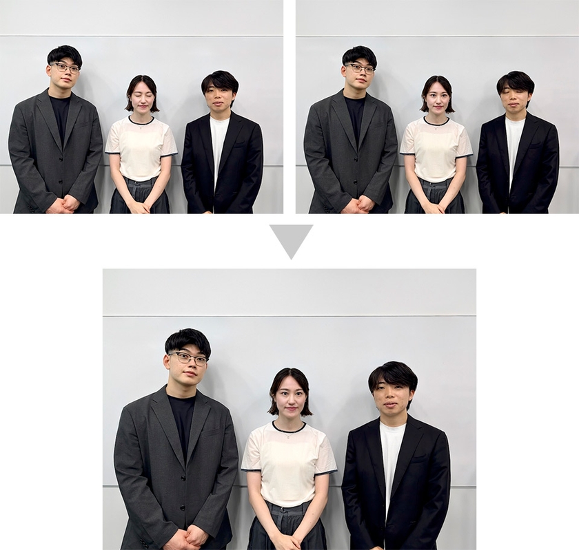 上の2枚では誰かが目を閉じてしまっているが、目を開いている写真を自動的に組み合わせて下の写真を合成してくれる